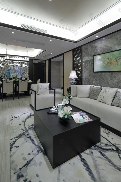 中西结合风格白色沙发客厅室内装修效果图装饰装修素材免费下载(图片